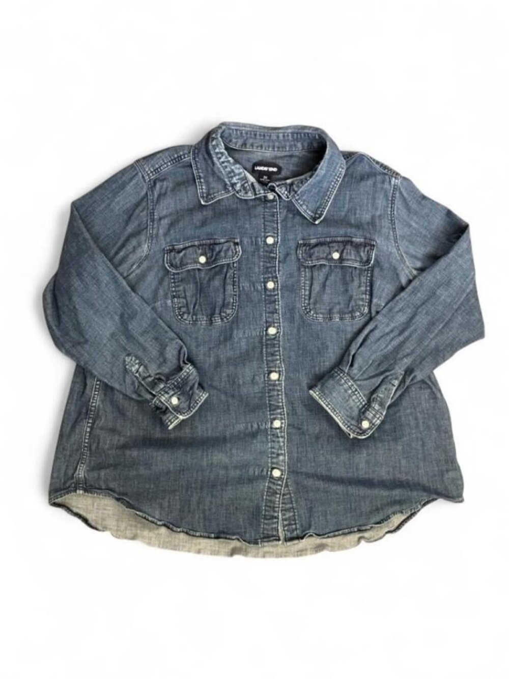 Lands' End Blue Denim Collared Solid Button-Up Long Sleeve Shirt Plus 2X